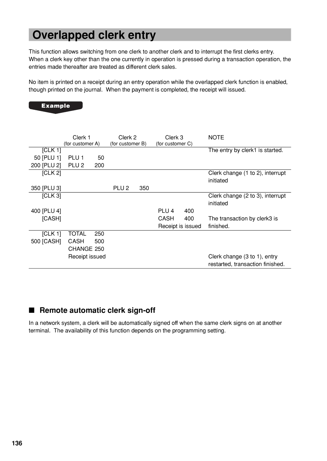 Sharp UP-X300 instruction manual Overlapped clerk entry, Remote automatic clerk sign-off, 136 