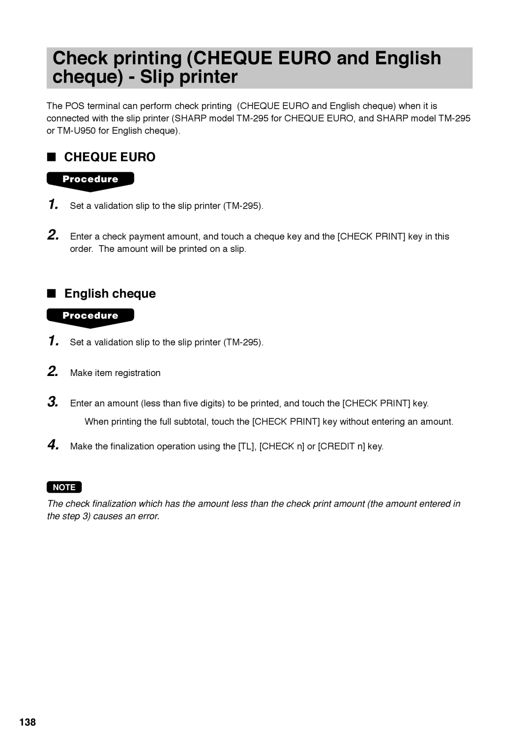 Sharp UP-X300 instruction manual Check printing Cheque Euro and English Cheque Slip printer, English cheque, 138 