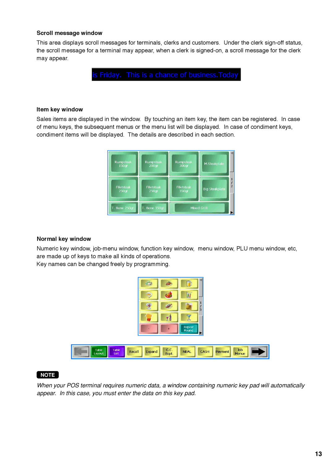 Sharp UP-X300 instruction manual Scroll message window, Item key window, Normal key window 