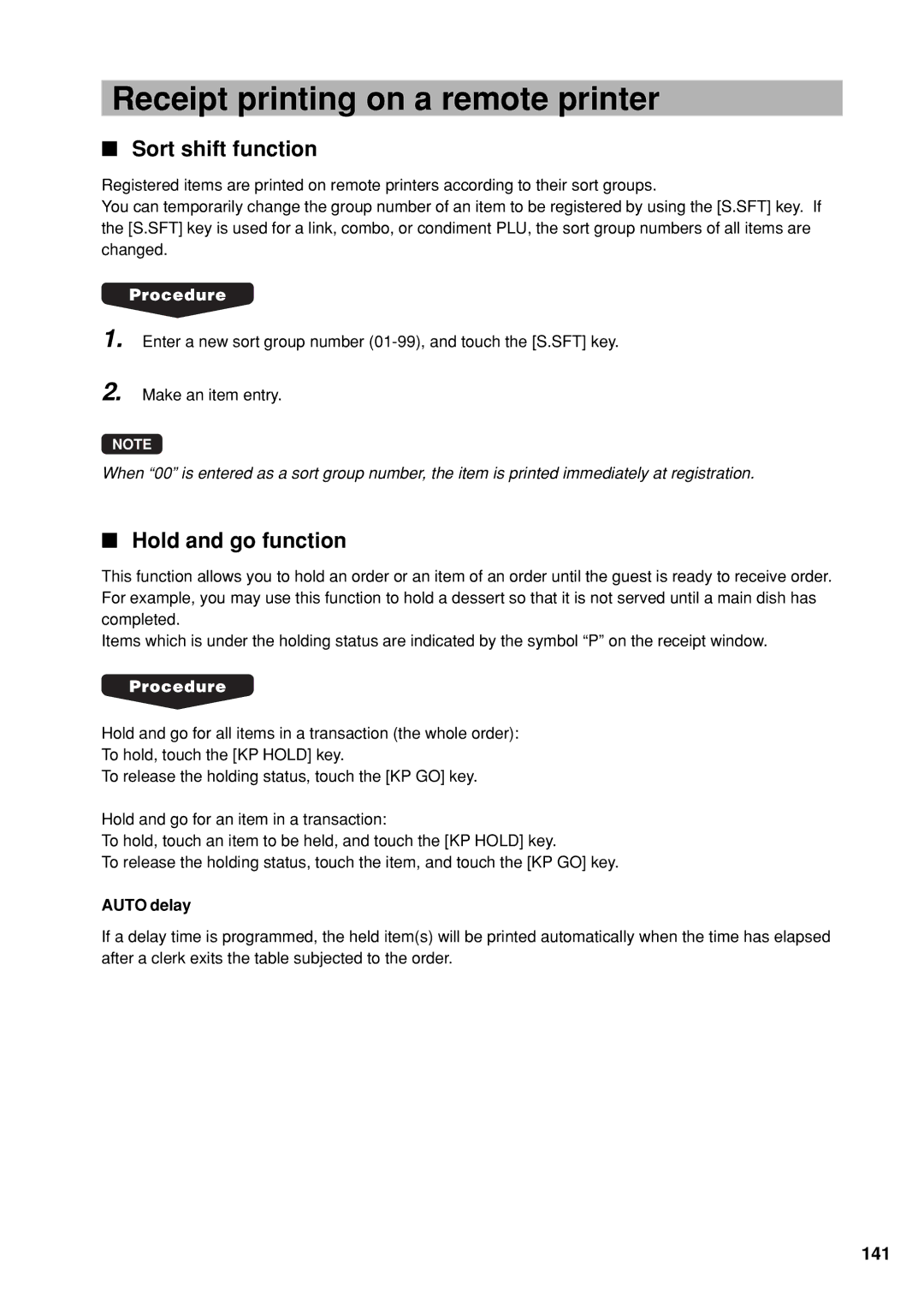 Sharp UP-X300 Receipt printing on a remote printer, Sort shift function, Hold and go function, 141, Auto delay 