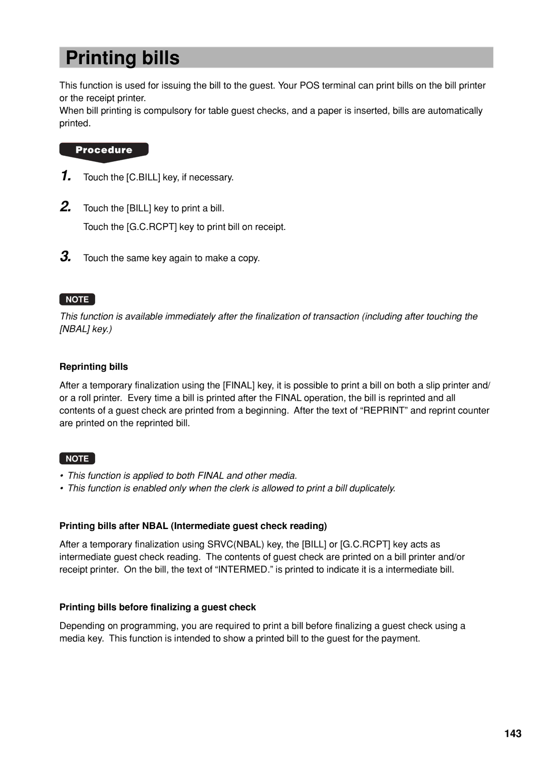 Sharp UP-X300 instruction manual 143, Reprinting bills, Printing bills after Nbal Intermediate guest check reading 