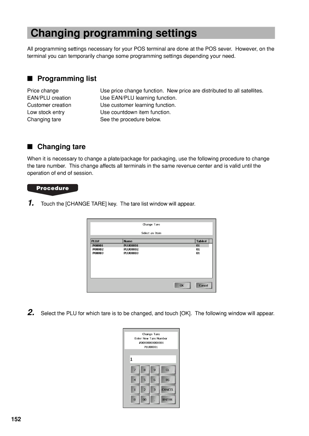 Sharp UP-X300 instruction manual Changing programming settings, Programming list, Changing tare, 152 