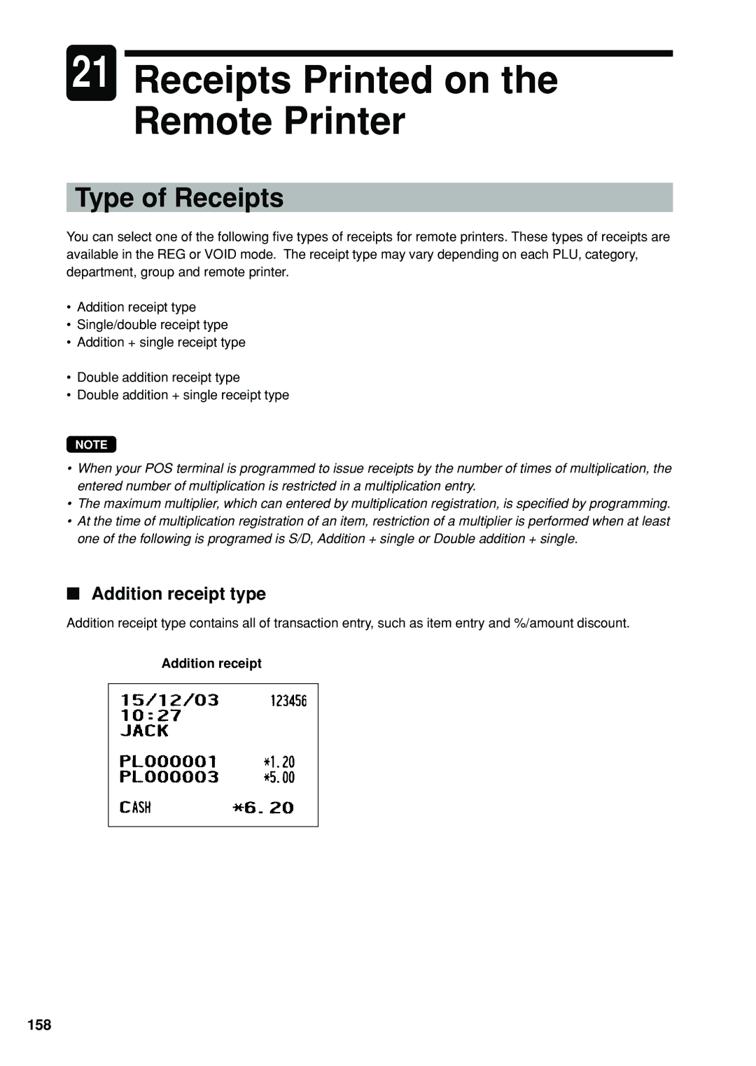 Sharp UP-X300 instruction manual Receipts Printed on the Remote Printer, Type of Receipts, Addition receipt type, 158 