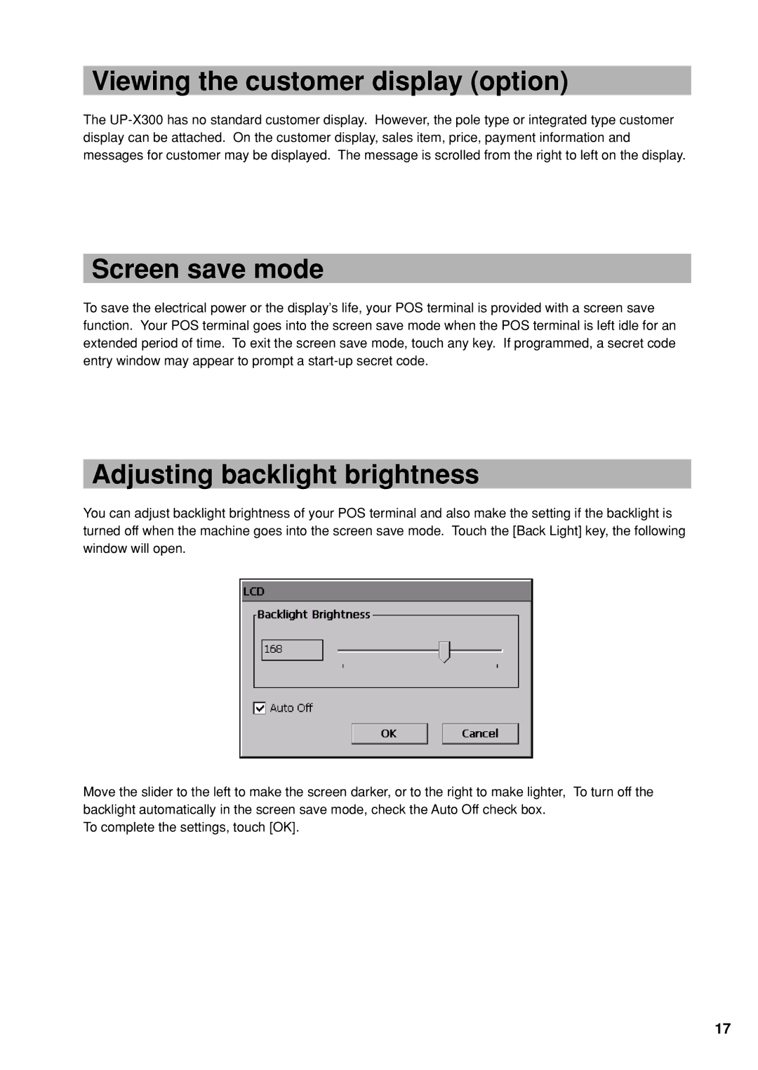 Sharp UP-X300 instruction manual Viewing the customer display option, Screen save mode, Adjusting backlight brightness 