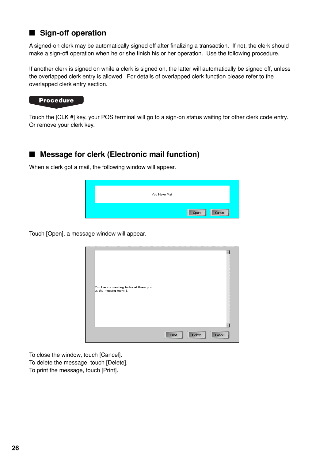 Sharp UP-X300 instruction manual Sign-off operation, Message for clerk Electronic mail function 