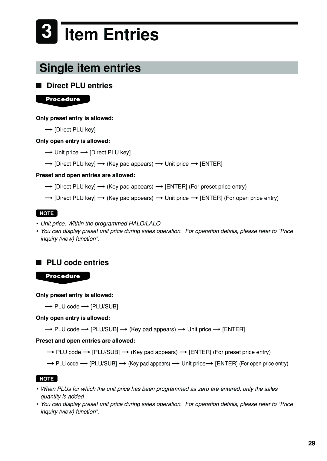 Sharp UP-X300 instruction manual Item Entries, Single item entries, Direct PLU entries, PLU code entries 