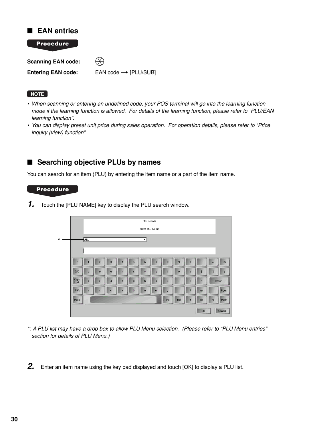 Sharp UP-X300 EAN entries, Searching objective PLUs by names, Scanning EAN code Entering EAN code EAN code PLU/SUB 