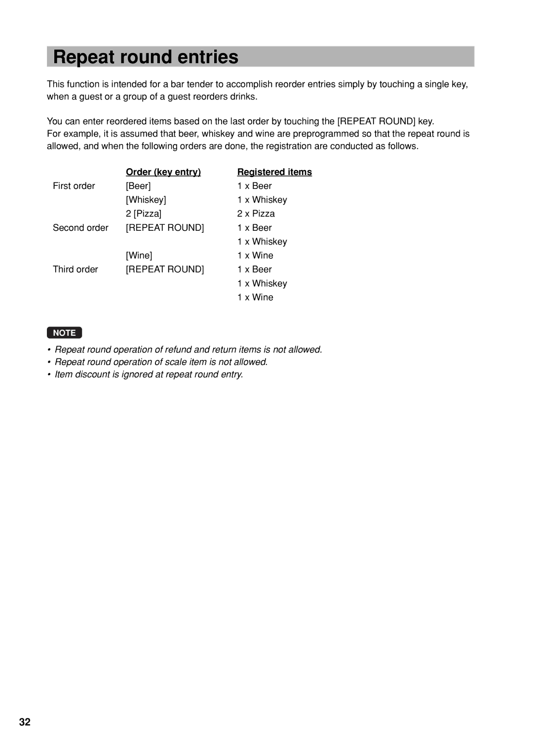 Sharp UP-X300 instruction manual Repeat round entries, Order key entry Registered items 