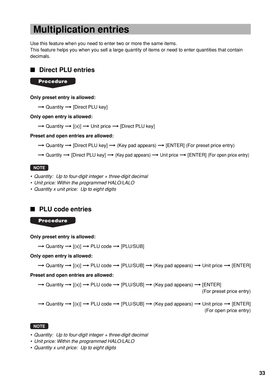 Sharp UP-X300 instruction manual Multiplication entries, Direct PLU entries 