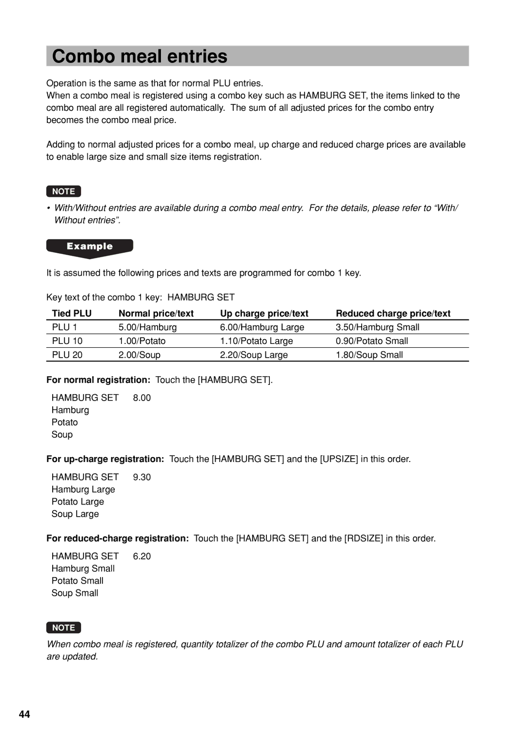 Sharp UP-X300 instruction manual Combo meal entries, For normal registration Touch the Hamburg SET 