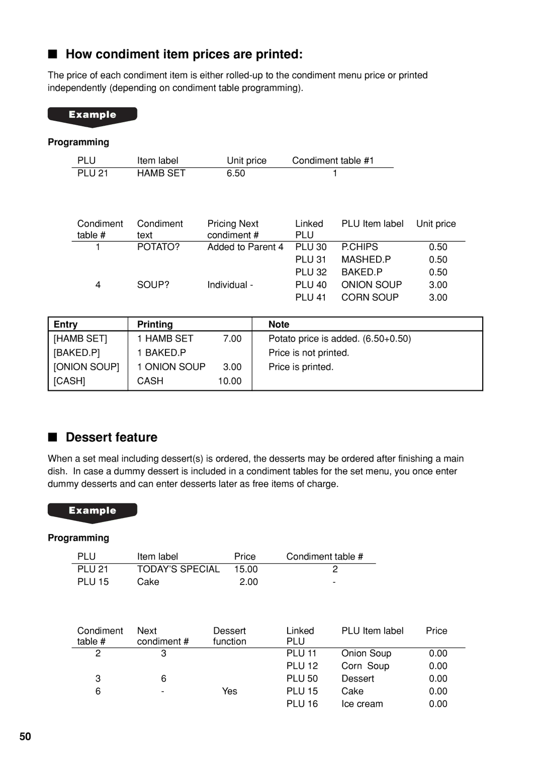 Sharp UP-X300 instruction manual How condiment item prices are printed, Dessert feature, Entry Printing 