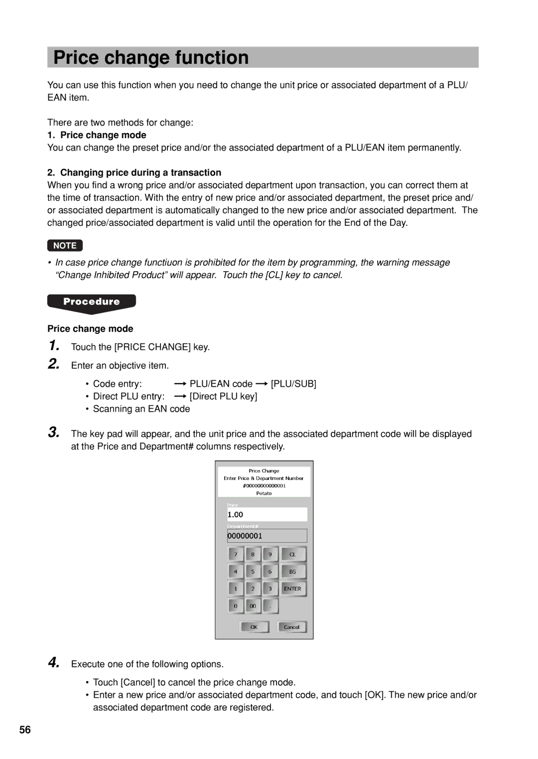 Sharp UP-X300 instruction manual Price change function, Price change mode, Changing price during a transaction 