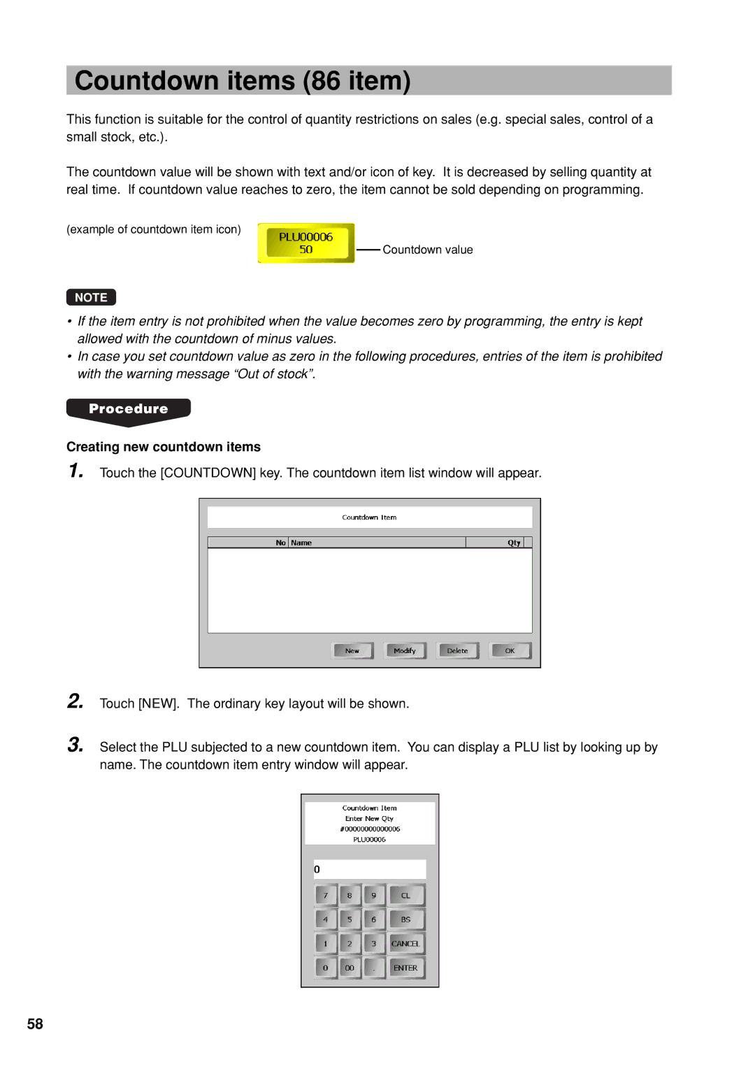 Sharp UP-X300 instruction manual Countdown items 86 item, Creating new countdown items 