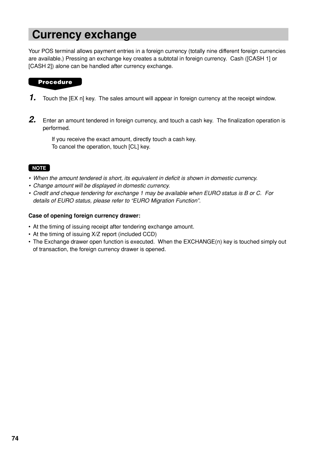 Sharp UP-X300 instruction manual Currency exchange, Case of opening foreign currency drawer 