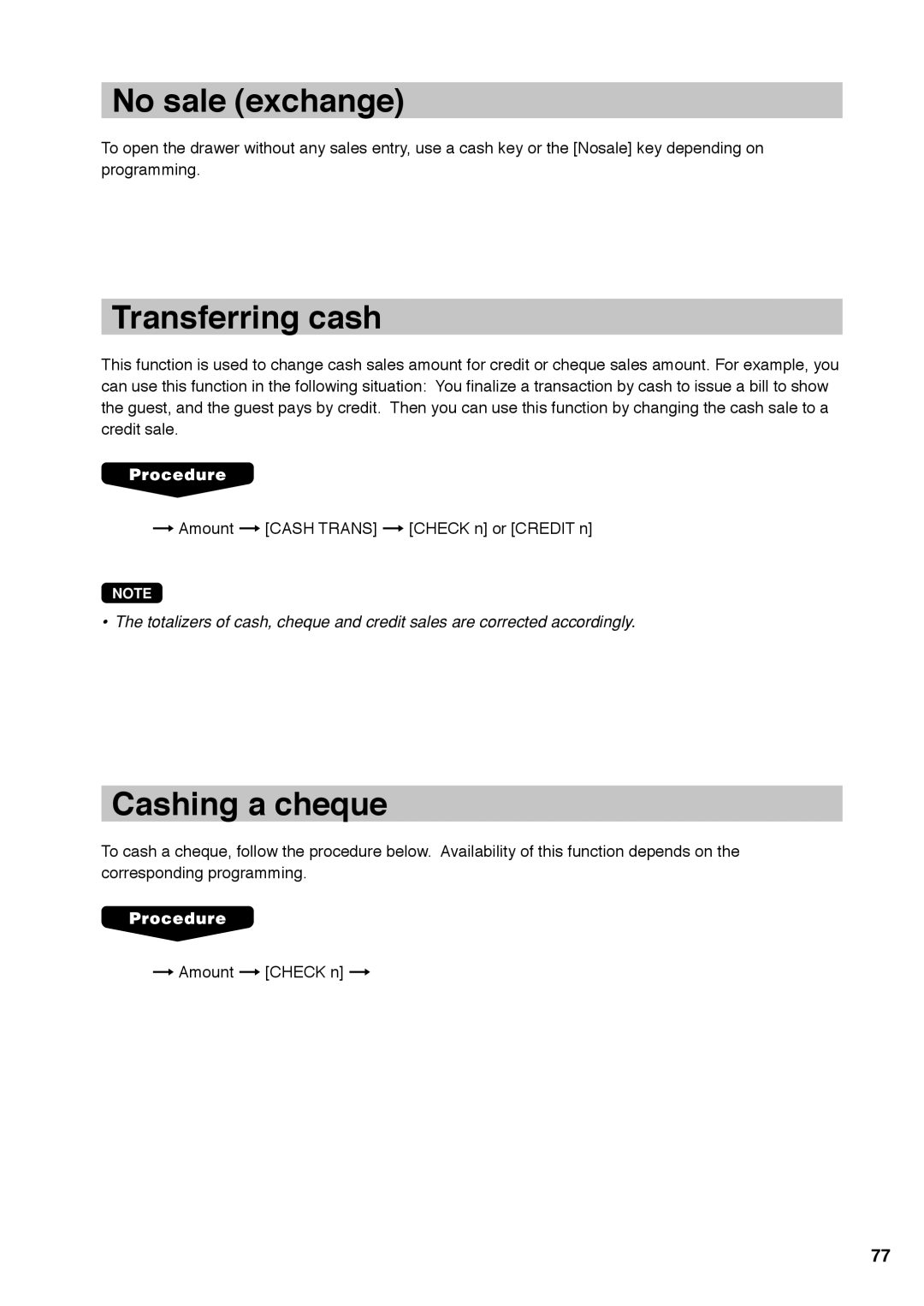 Sharp UP-X300 instruction manual No sale exchange, Transferring cash, Cashing a cheque 