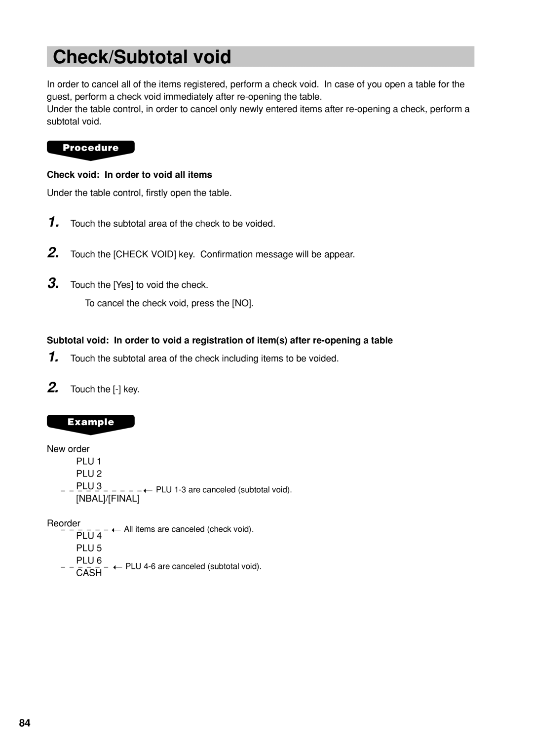 Sharp UP-X300 instruction manual Check/Subtotal void, Check void In order to void all items 