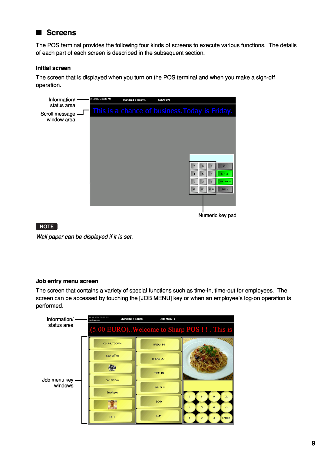 Sharp UP-X300 instruction manual Screens, Initial screen, Job entry menu screen 