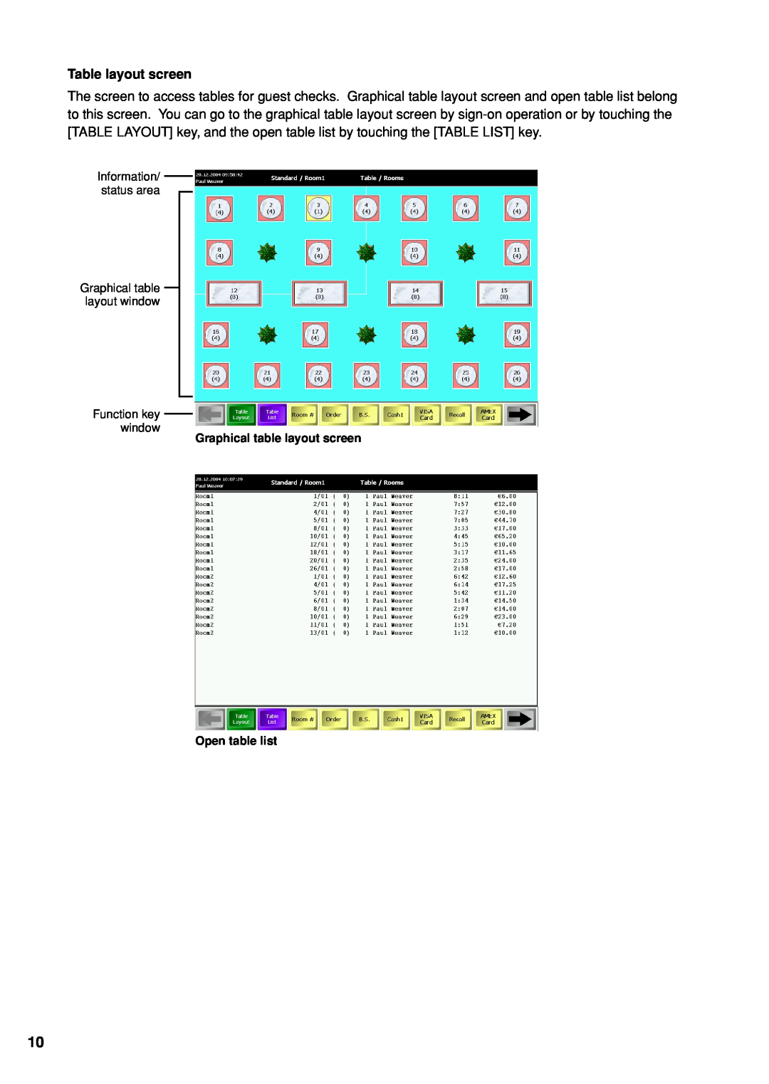 Sharp UP-X300 instruction manual Table layout screen, Graphical table layout screen Open table list 