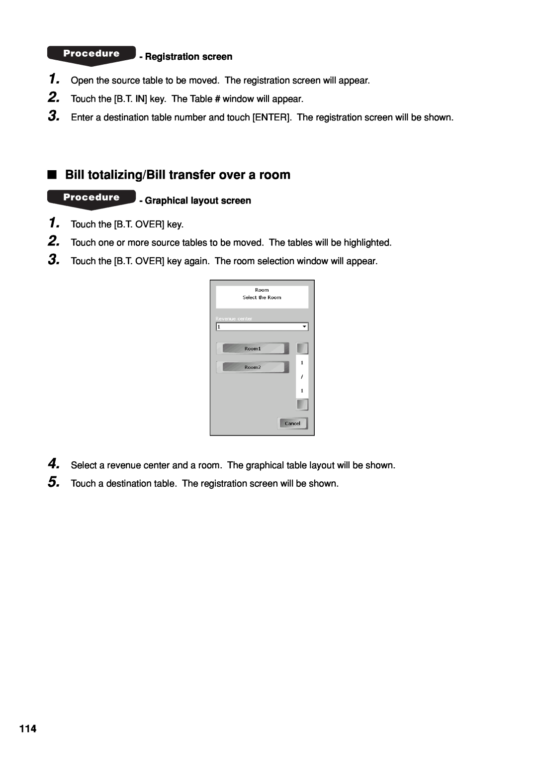 Sharp UP-X300 instruction manual Bill totalizing/Bill transfer over a room, Registration screen, Graphical layout screen 