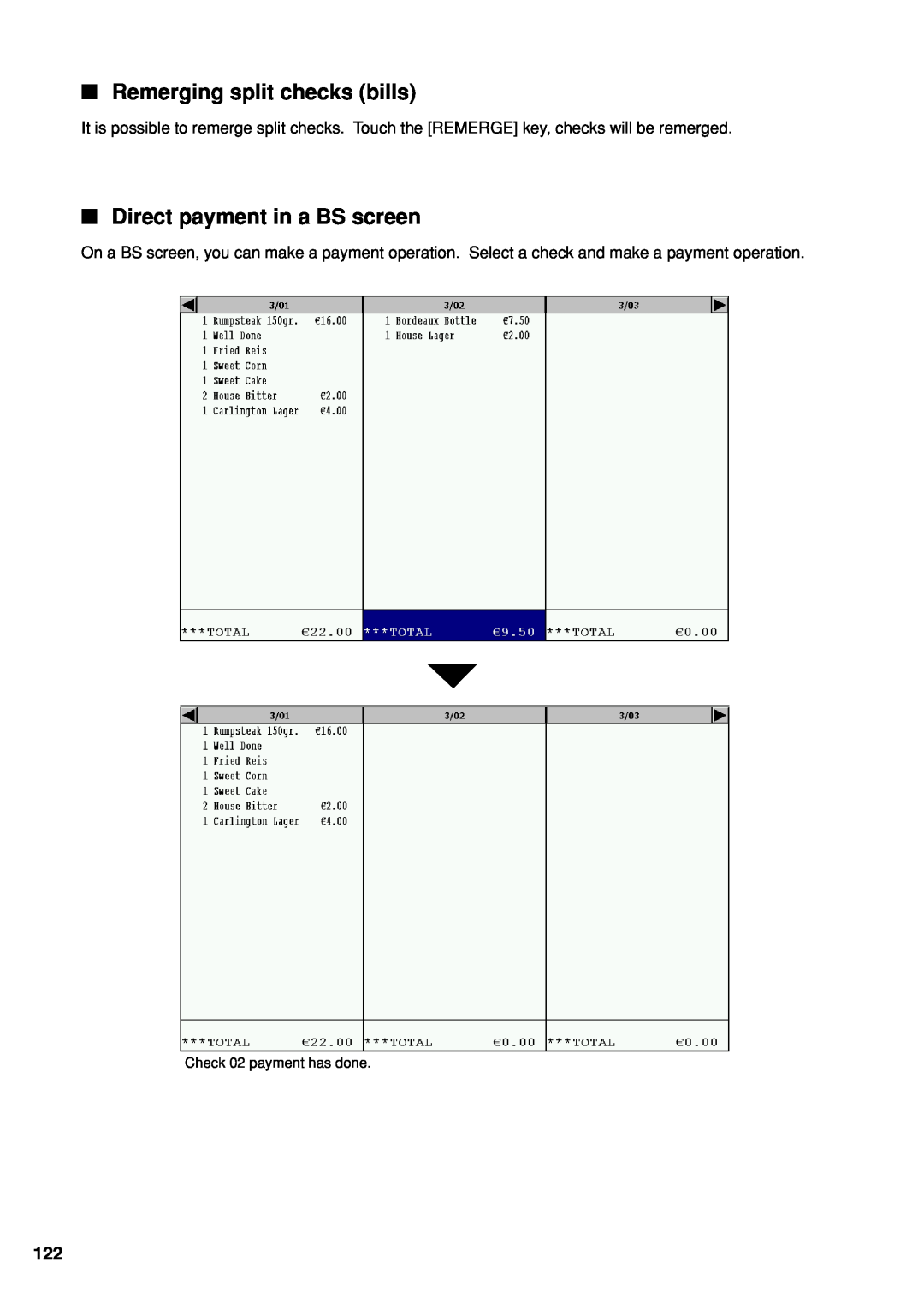 Sharp UP-X300 instruction manual Remerging split checks bills, Direct payment in a BS screen, Check 02 payment has done 