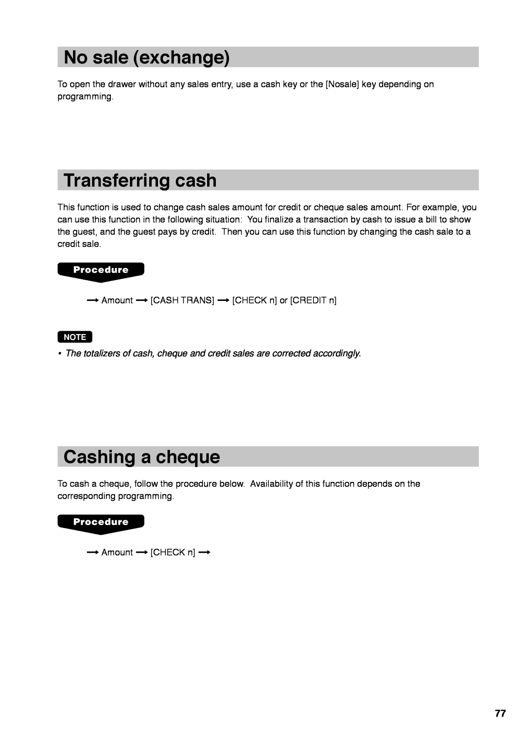Sharp UP-X300 instruction manual No sale exchange, Transferring cash, Cashing a cheque 