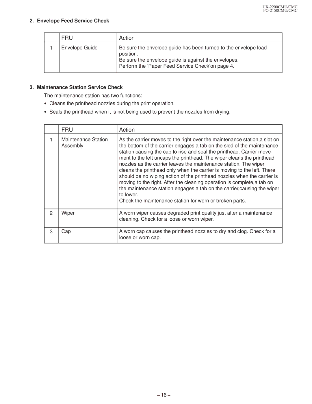 Sharp FO-2150CM, UX-2200CM technical manual Envelope Feed Service Check, Maintenance Station Service Check 