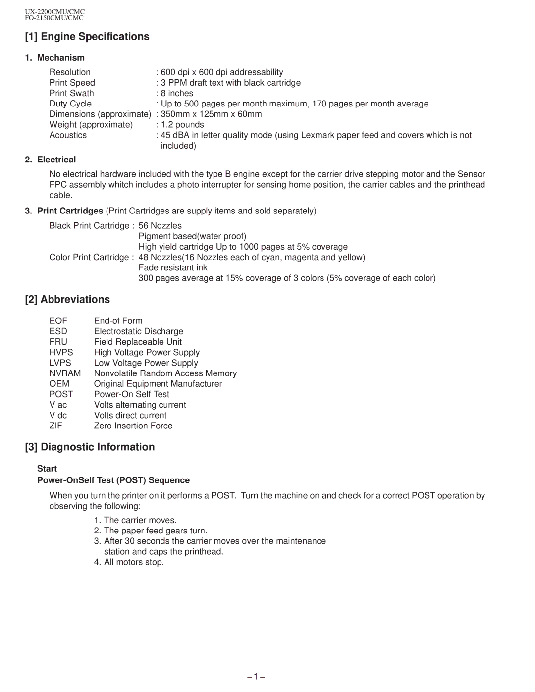 Sharp UX-2200CM, FO-2150CM technical manual Engine Specifications, Abbreviations, Diagnostic Information 