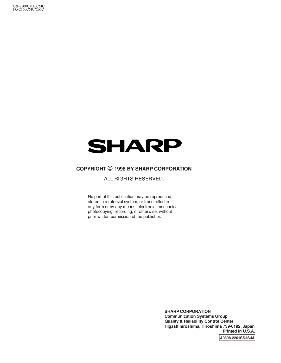 Sharp UX-2200CM, FO-2150CM technical manual Copyright 1998 by Sharp Corporation 