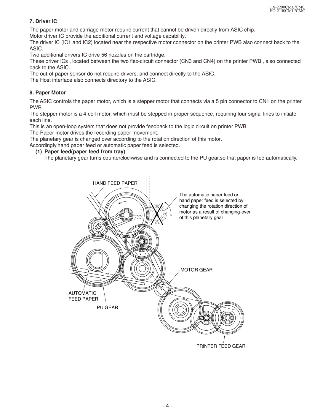 Sharp FO-2150CM, UX-2200CM technical manual Driver IC, Paper Motor, Paper feedpaper feed from tray 