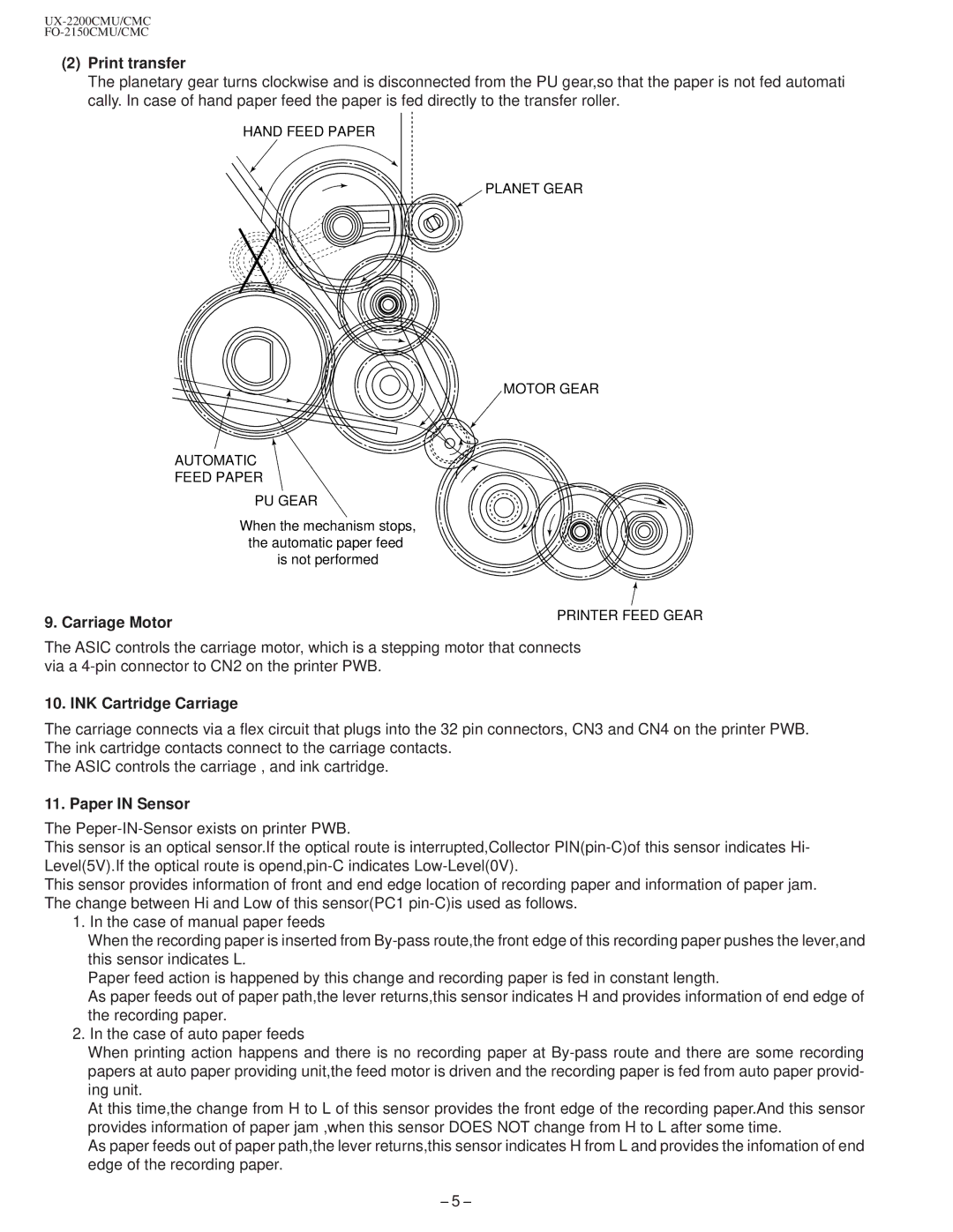 Sharp UX-2200CM, FO-2150CM technical manual Print transfer, Carriage Motor, INK Cartridge Carriage, Paper in Sensor 