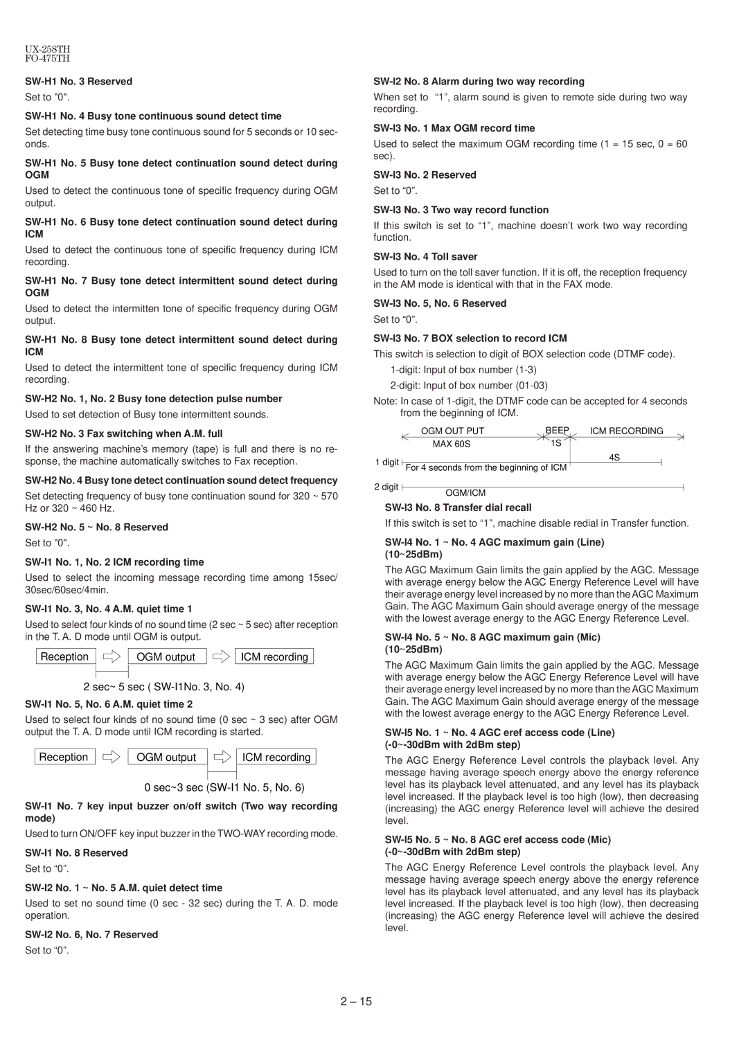 Sharp UX-258TH SW-H1 No Reserved, SW-H1 No Busy tone continuous sound detect time, SW-H2 No Fax switching when A.M. full 