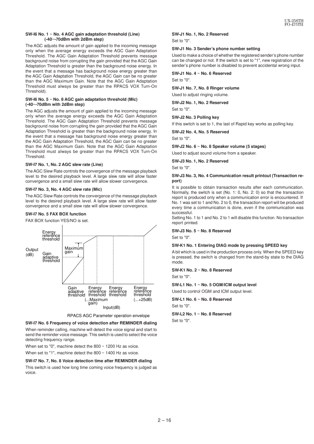 Sharp FO-475TH, UX-258TH manual SW-I7 No , No AGC slew rate Line, SW-I7 No , No AGC slew rate Mic, SW-I7 No FAX BOX function 