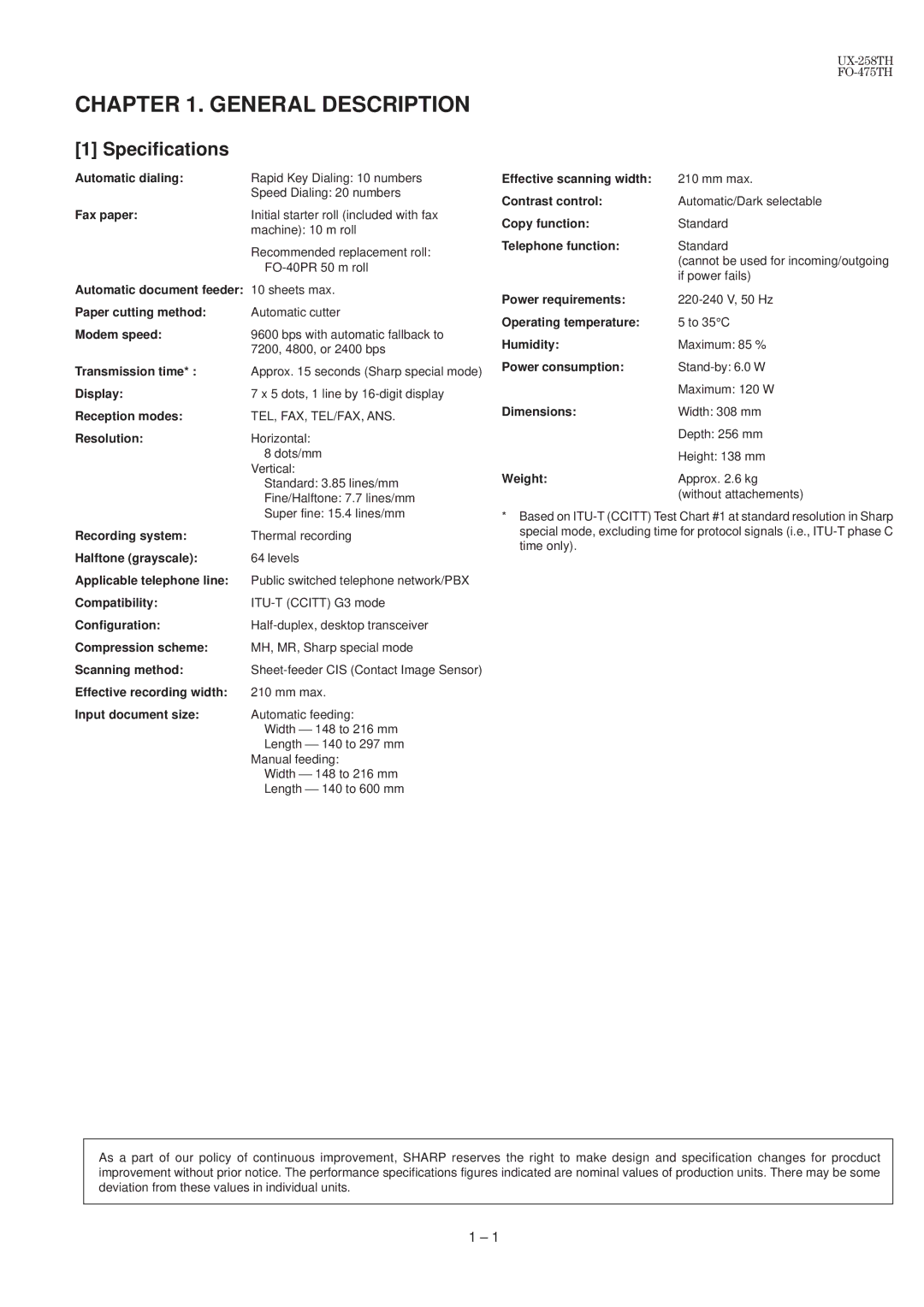 Sharp FO-475TH, UX-258TH manual Specifications 