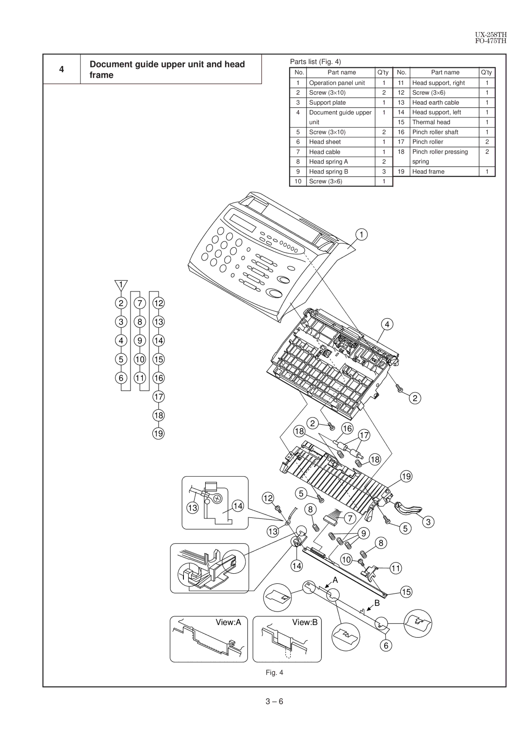 Sharp FO-475TH, UX-258TH manual Document guide upper unit and head frame 