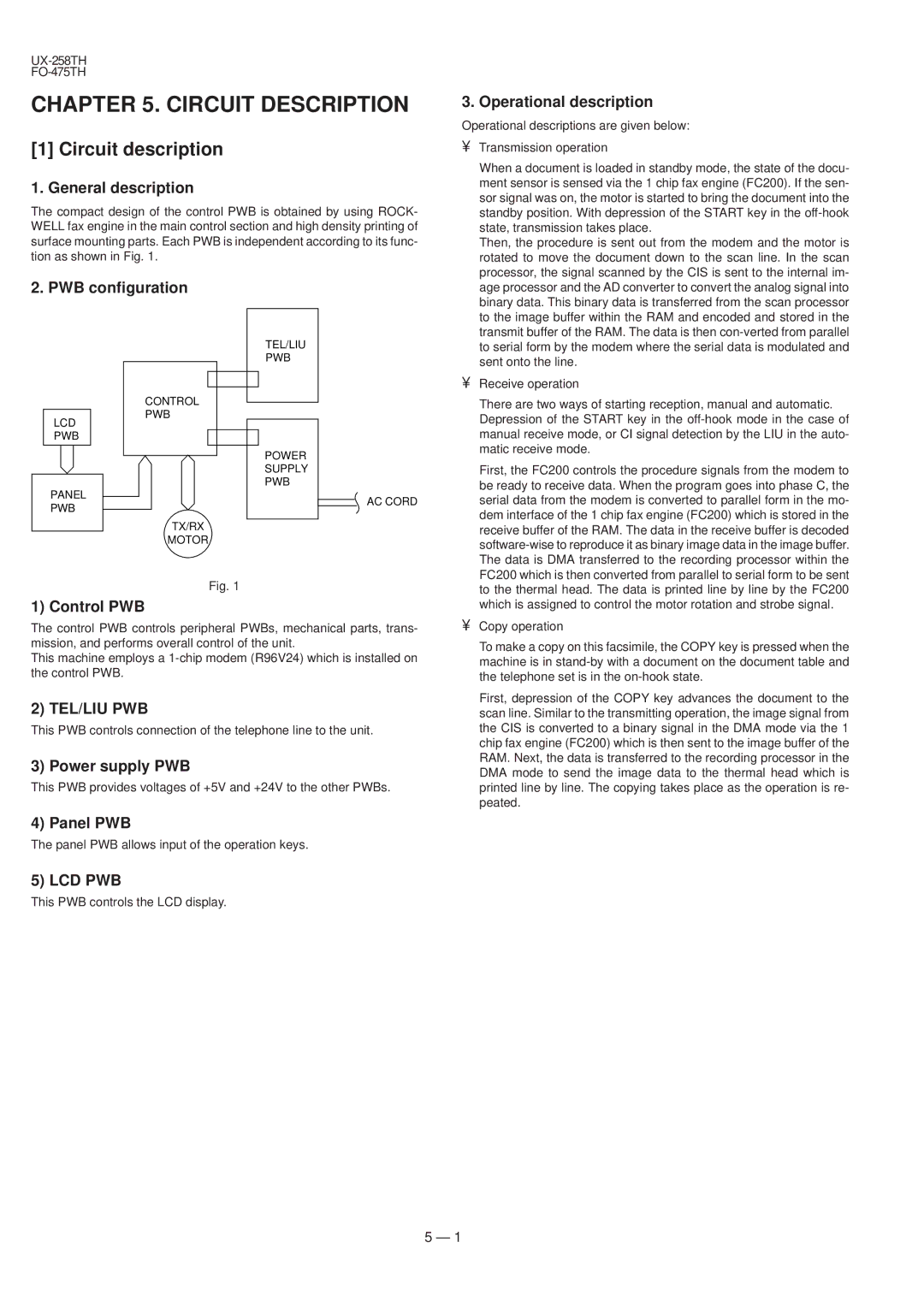 Sharp FO-475TH, UX-258TH manual Circuit description 