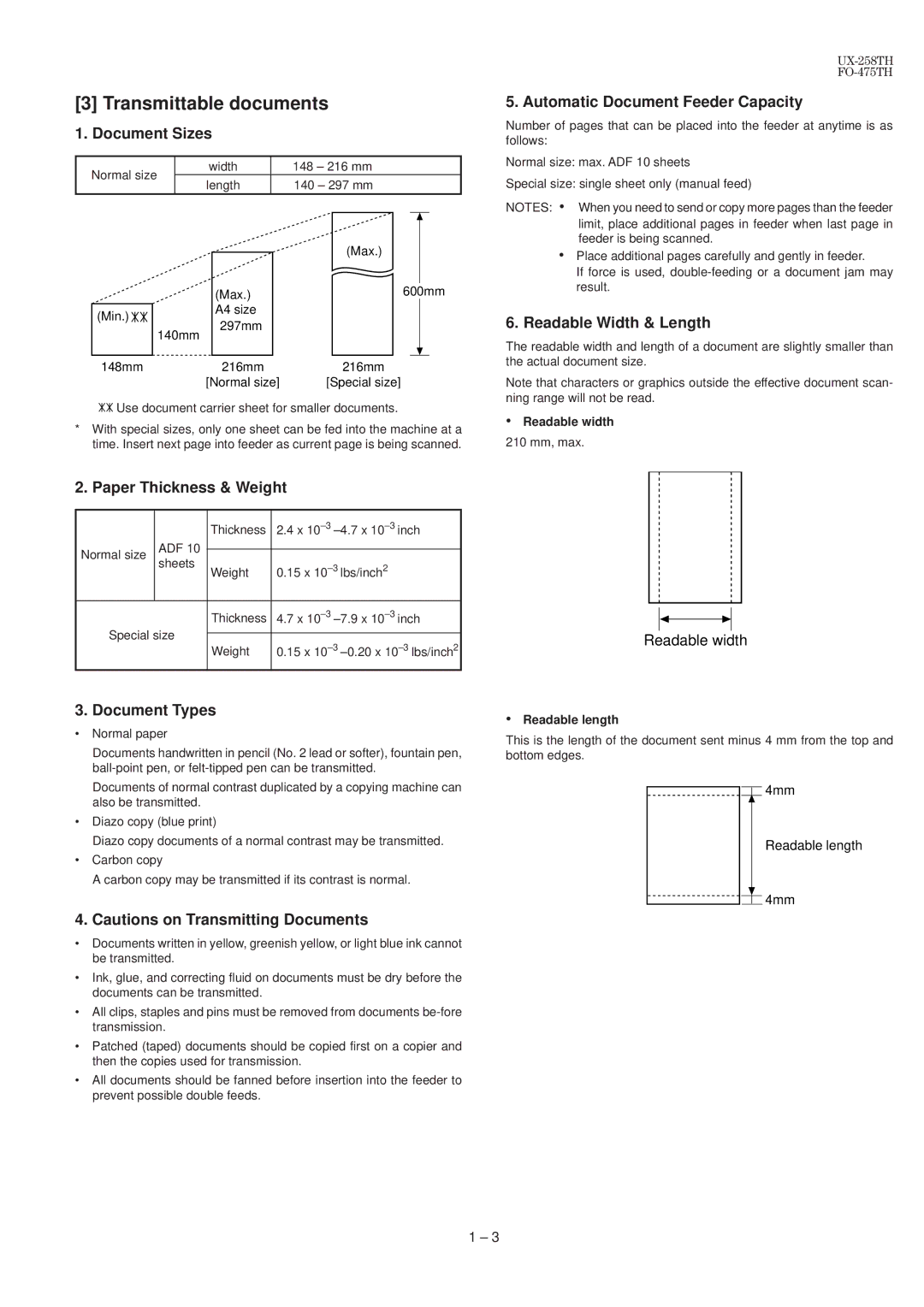 Sharp FO-475TH, UX-258TH manual Transmittable documents 