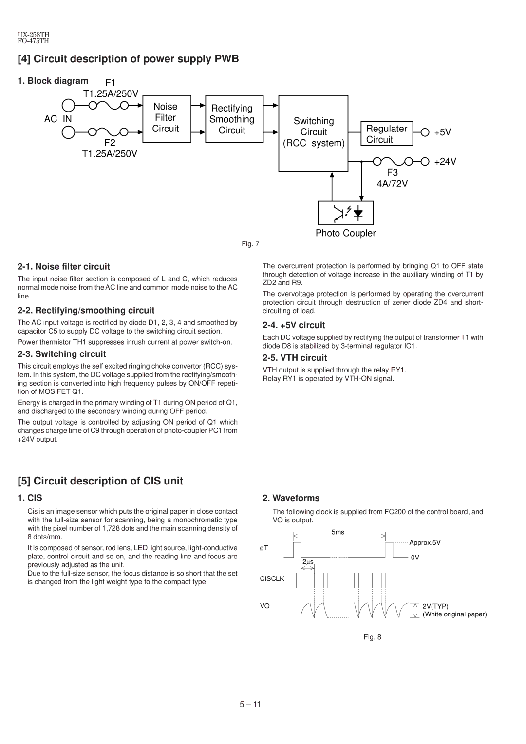 Sharp FO-475TH, UX-258TH manual Circuit description of power supply PWB, Circuit description of CIS unit 