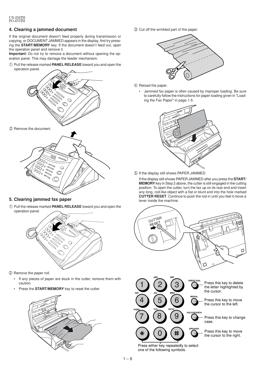 Sharp UX-258TH, FO-475TH manual Clearing a jammed document, Clearing jammed fax paper 