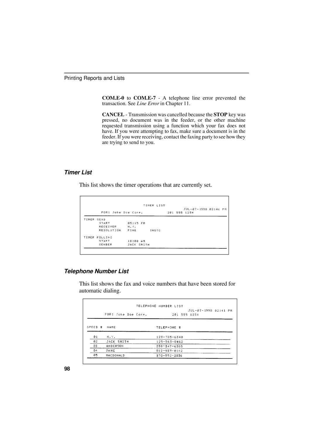 Sharp UX-300 operation manual Timer List, Telephone Number List 