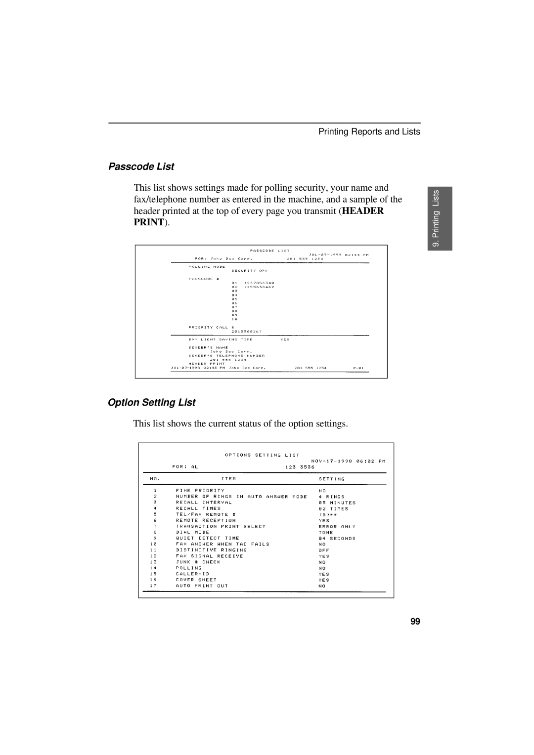 Sharp UX-300 operation manual Passcode List, Option Setting List 