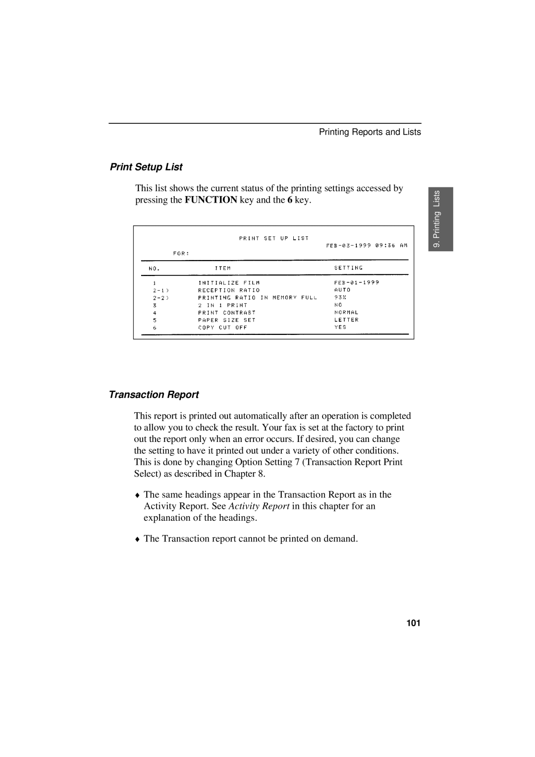 Sharp UX-300 operation manual Print Setup List, Transaction Report 