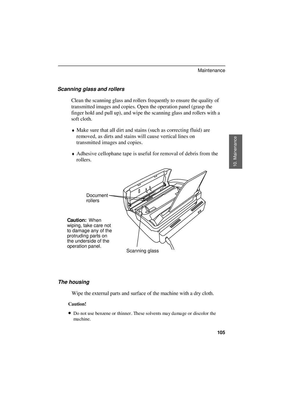 Sharp UX-300 operation manual Scanning glass and rollers, Housing 