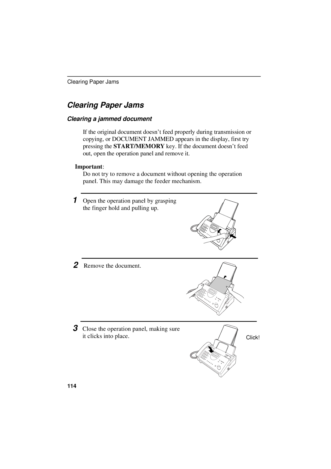 Sharp UX-300 operation manual Clearing Paper Jams, Clearing a jammed document 