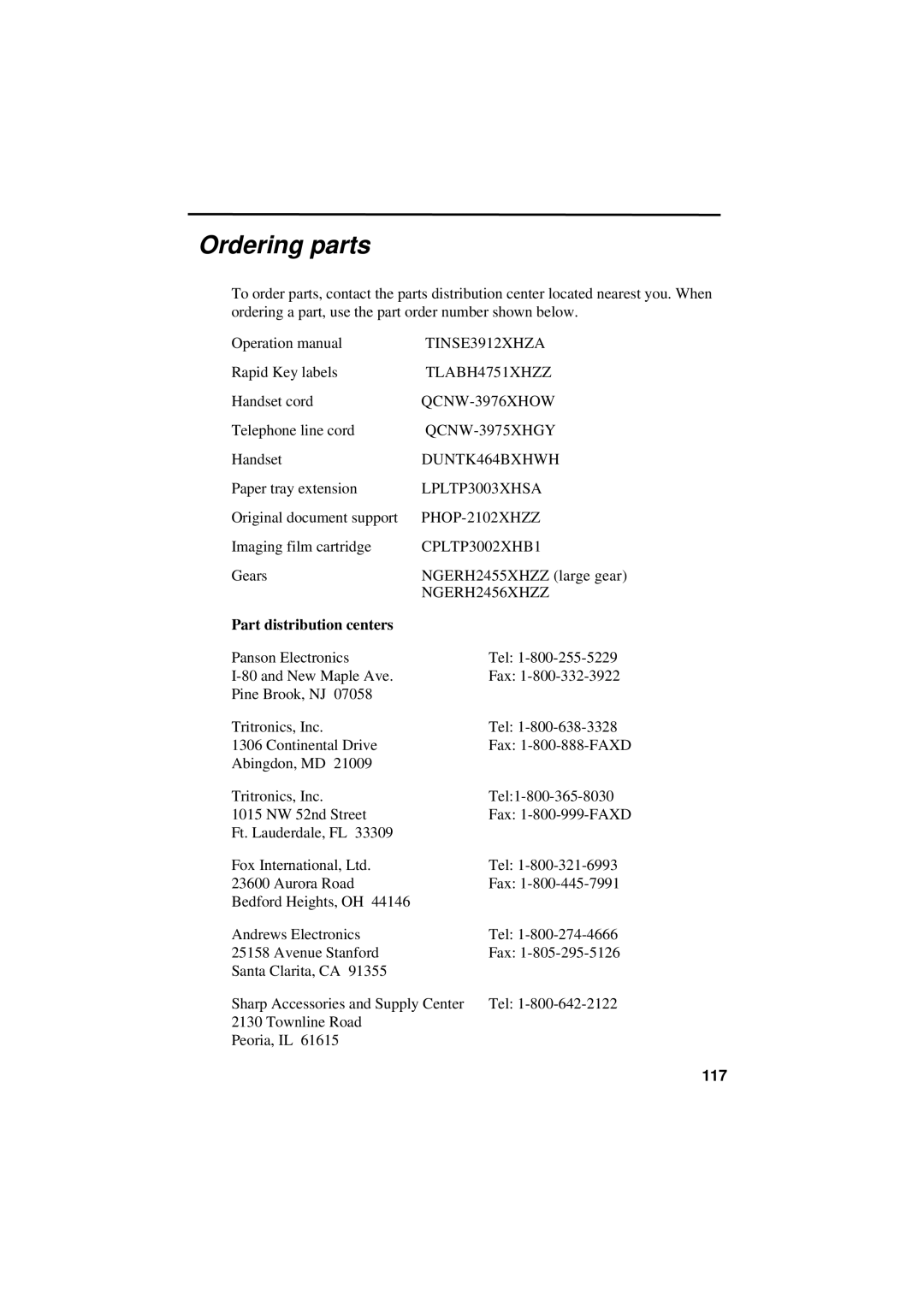 Sharp UX-300 operation manual Ordering parts 