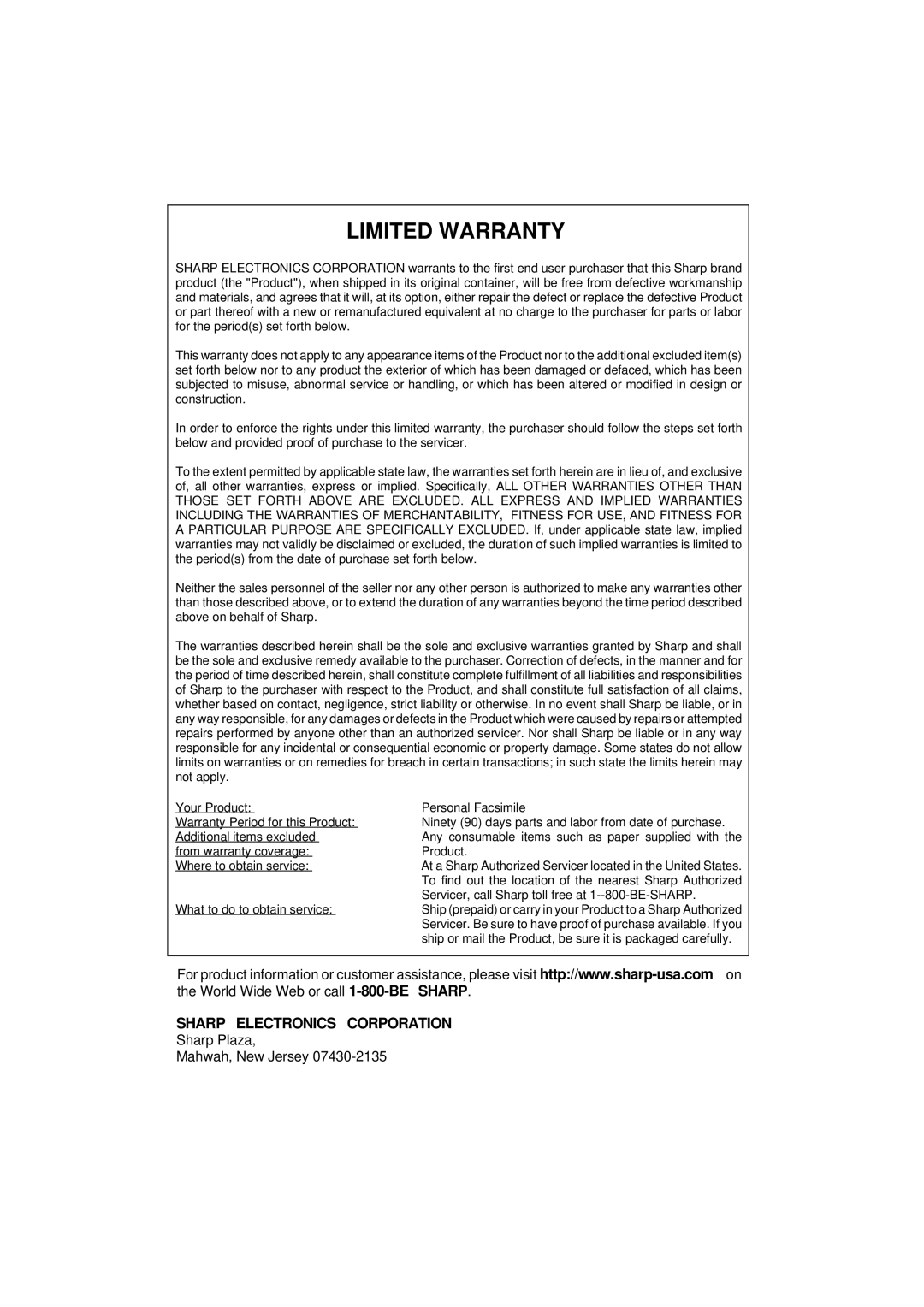 Sharp UX-300 operation manual Limited Warranty 