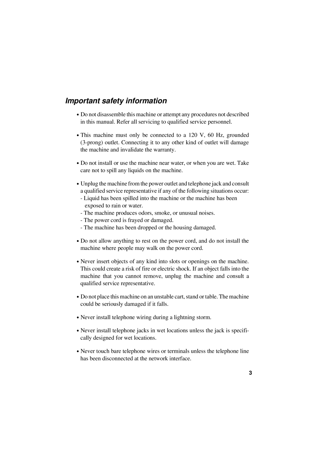 Sharp UX-300 operation manual Important safety information 