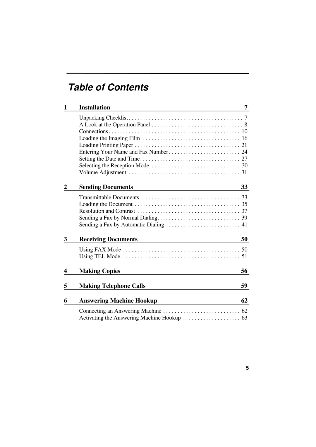 Sharp UX-300 operation manual Table of Contents 