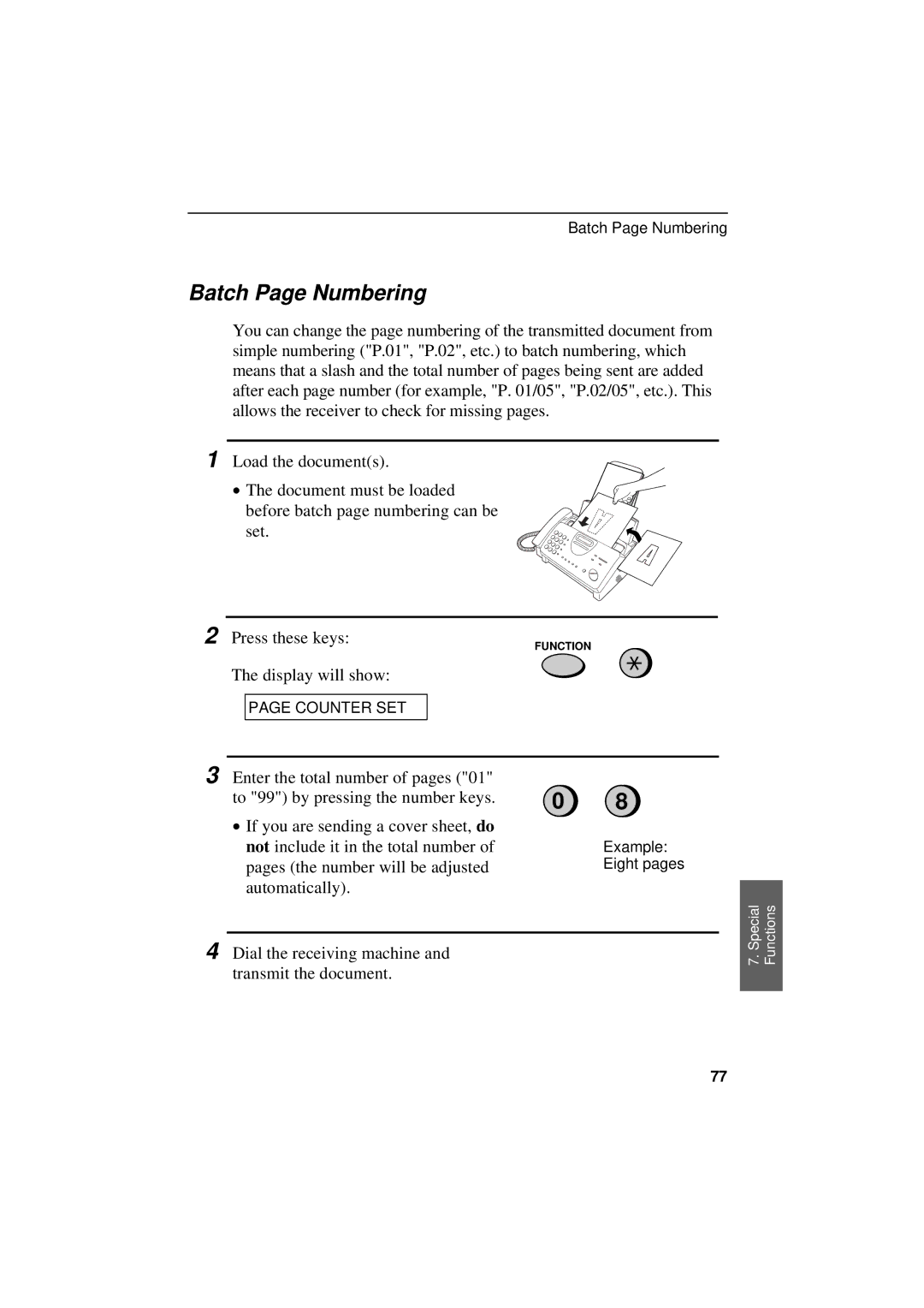 Sharp UX-300 operation manual Batch Page Numbering 