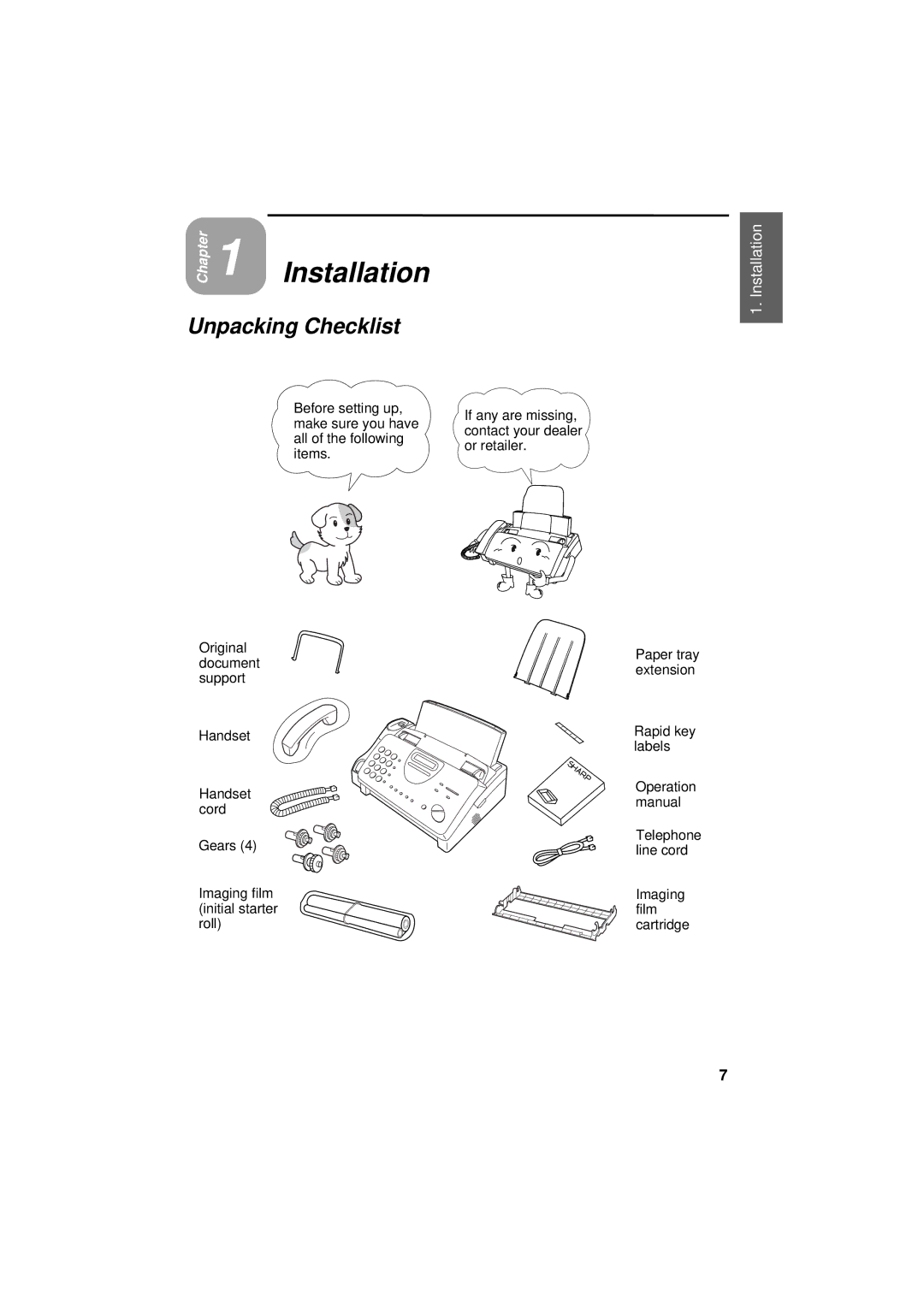 Sharp UX-300 operation manual Installation, Unpacking Checklist 