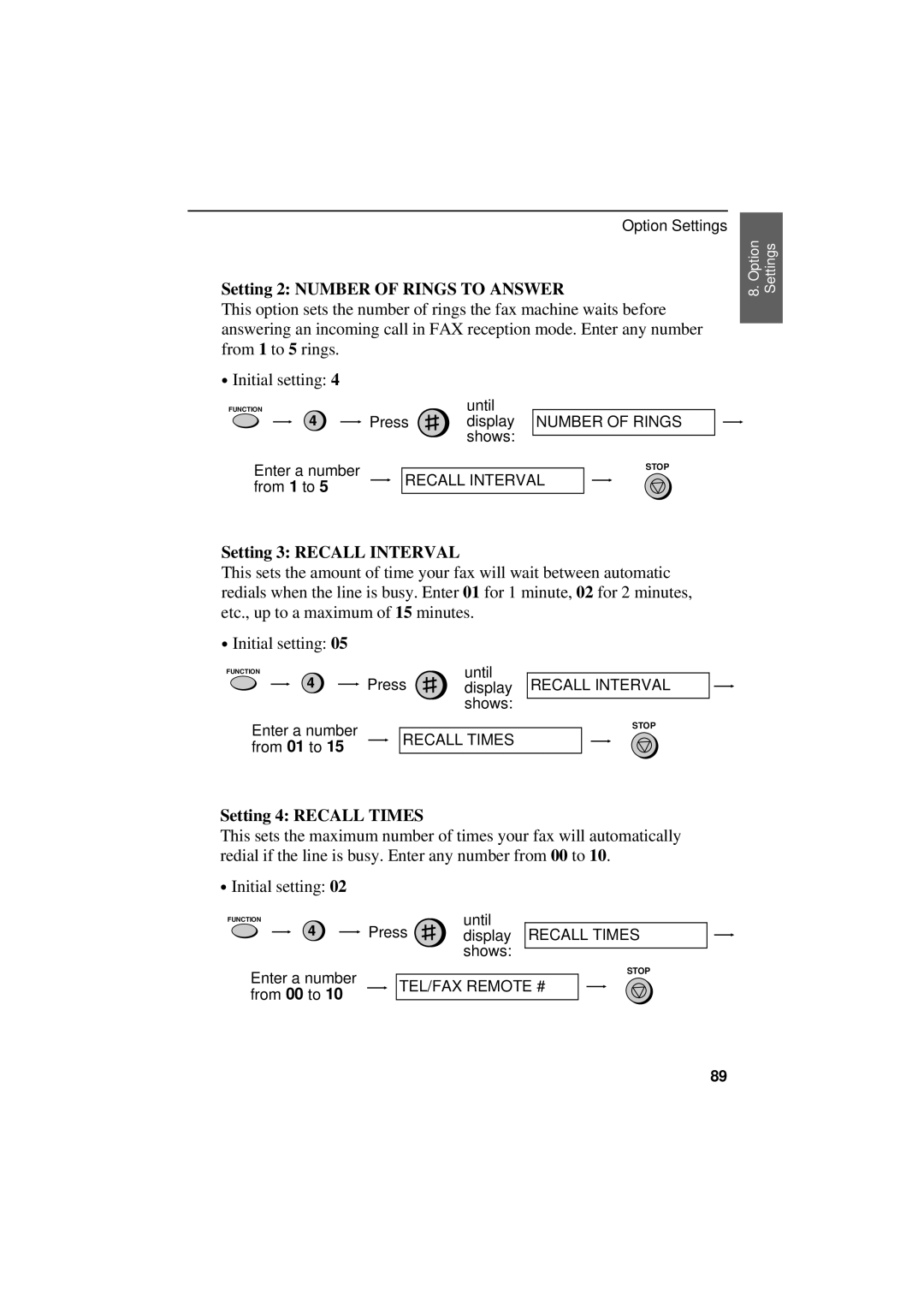 Sharp UX-300 operation manual Setting 2 Number of Rings to Answer, Setting 3 Recall Interval, Setting 4 Recall Times 